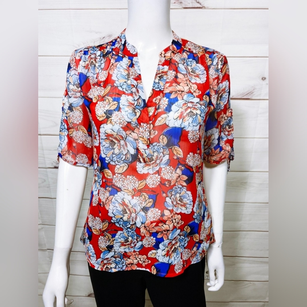 KUT FROM THE KLOTH Colorful Boho M sheer Red Floral Lightweight Office shirt